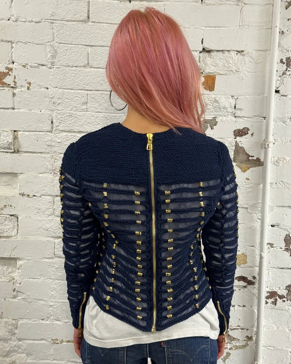Balmain X H&M Navy Textured Gold Studded Cropped Sweater MfpSpTN 1