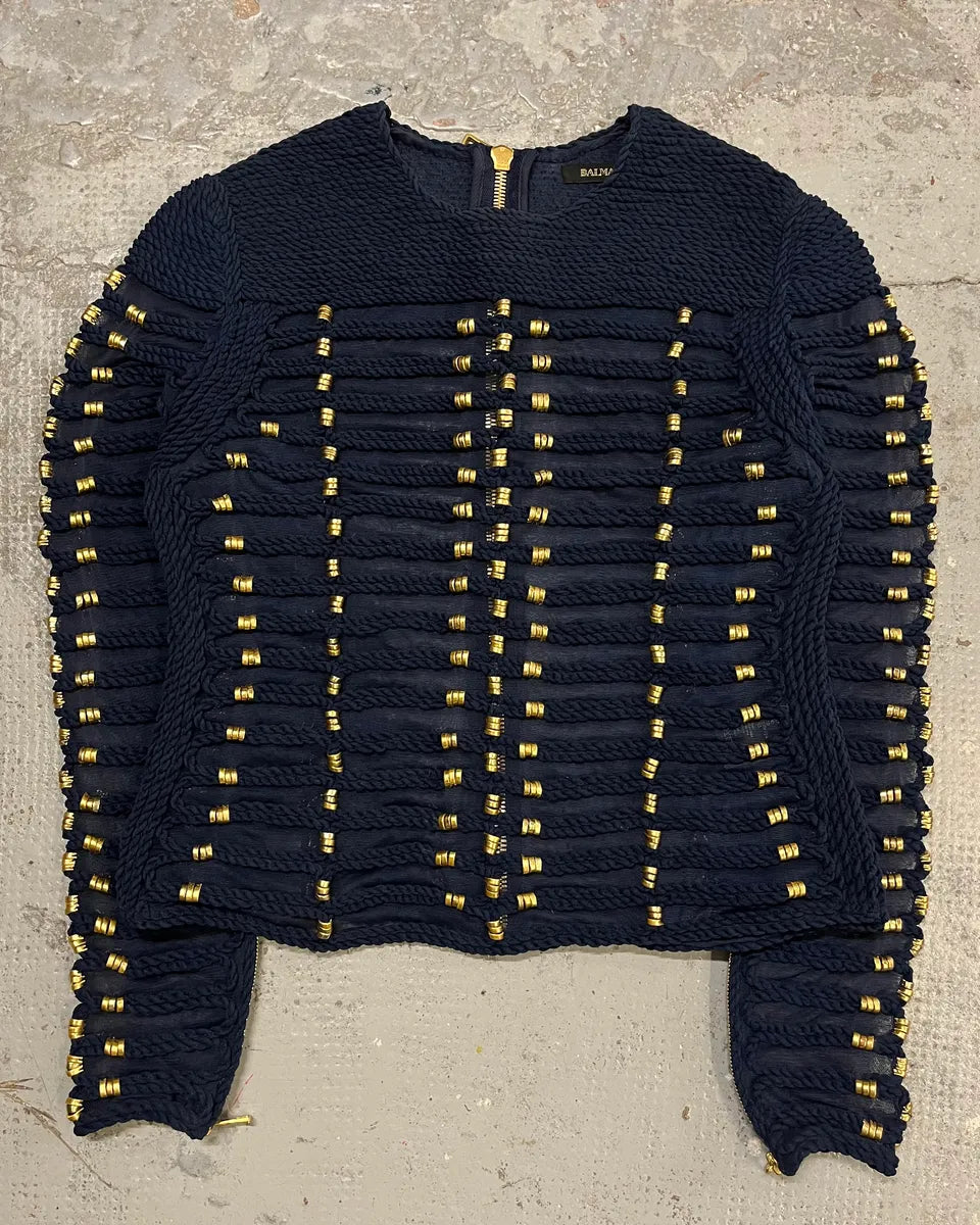 Balmain X H&M Navy Textured Gold Studded Cropped Sweater MfpSpTN 2