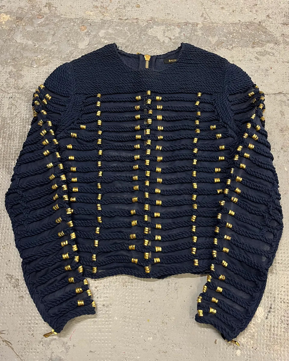 Balmain X H&M Navy Textured Gold Studded Cropped Sweater MfpSpTN 3