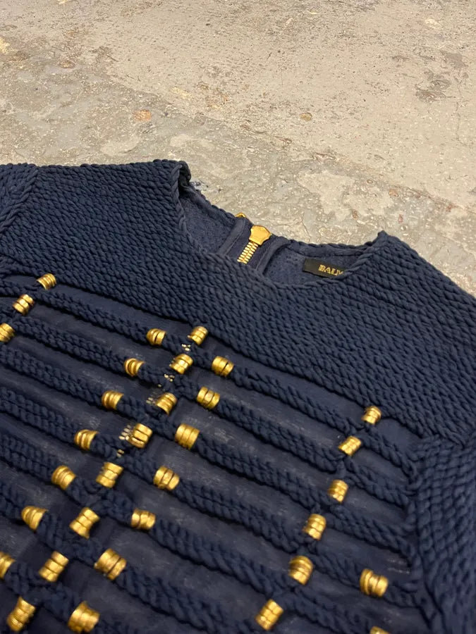 Balmain X H&M Navy Textured Gold Studded Cropped Sweater MfpSpTN 4