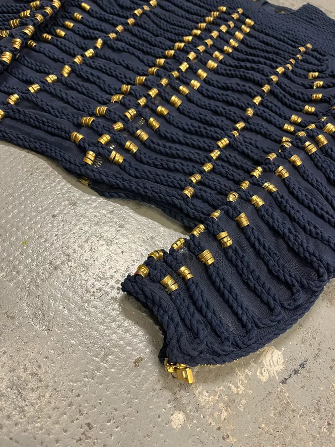 Balmain X H&M Navy Textured Gold Studded Cropped Sweater MfpSpTN 5