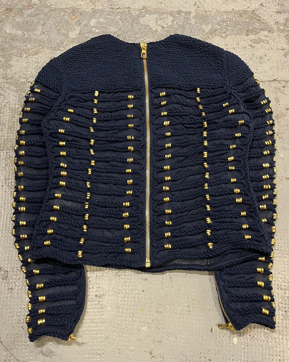 Balmain X H&M Navy Textured Gold Studded Cropped Sweater MfpSpTN 6