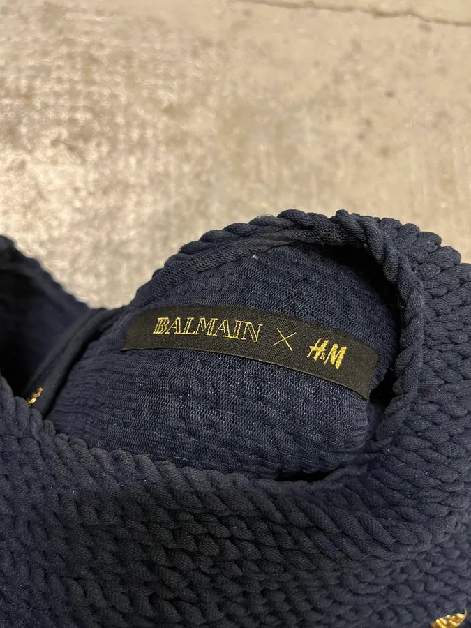 Balmain X H&M Navy Textured Gold Studded Cropped Sweater MfpSpTN 7