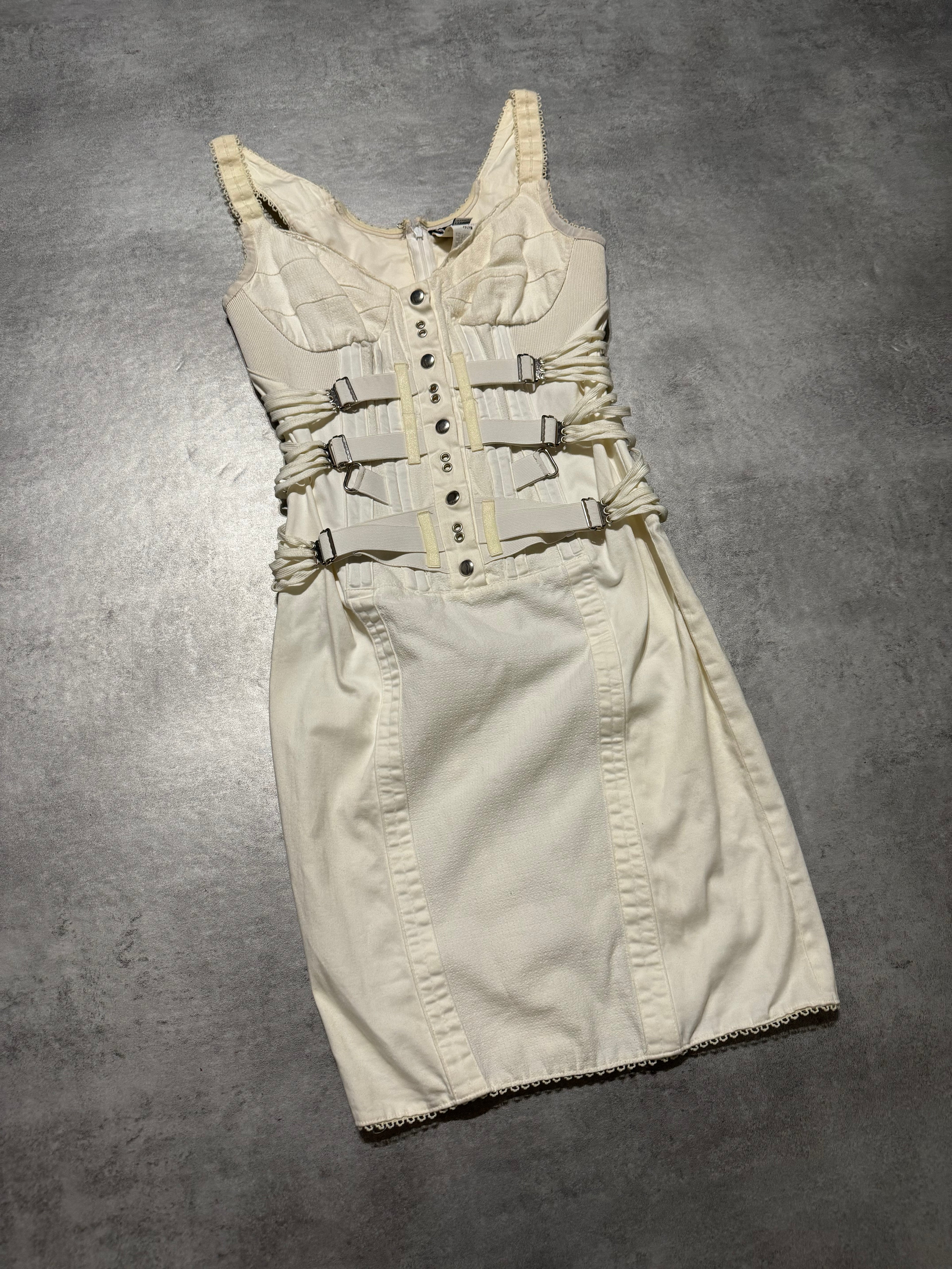 SS2004 Dolce & Gabbana White Bondage Strap Corset Cocktail Ivory Cotton Dress (XS/S) - 10