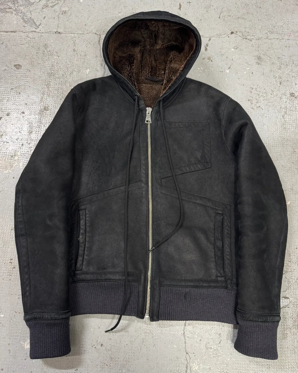 Bikkembergs Black Hooded Sheep Leather Jacket (M) 0