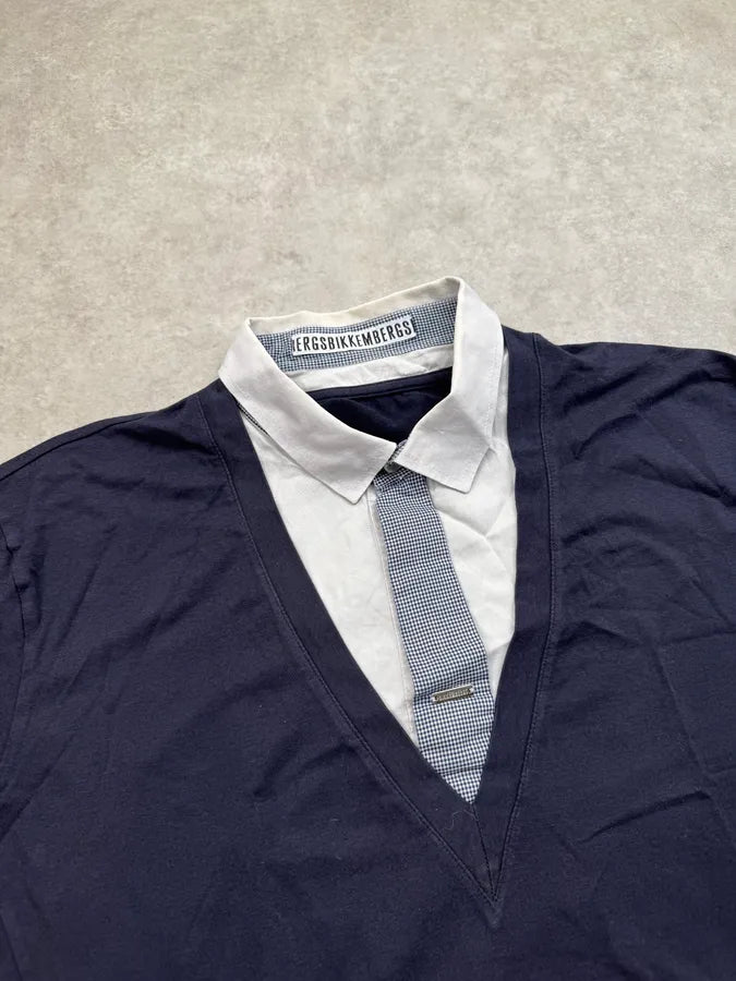 2010s Dirk Bikkembergs Navy Contrast Tie Collar Sweater PjtzWQc 4