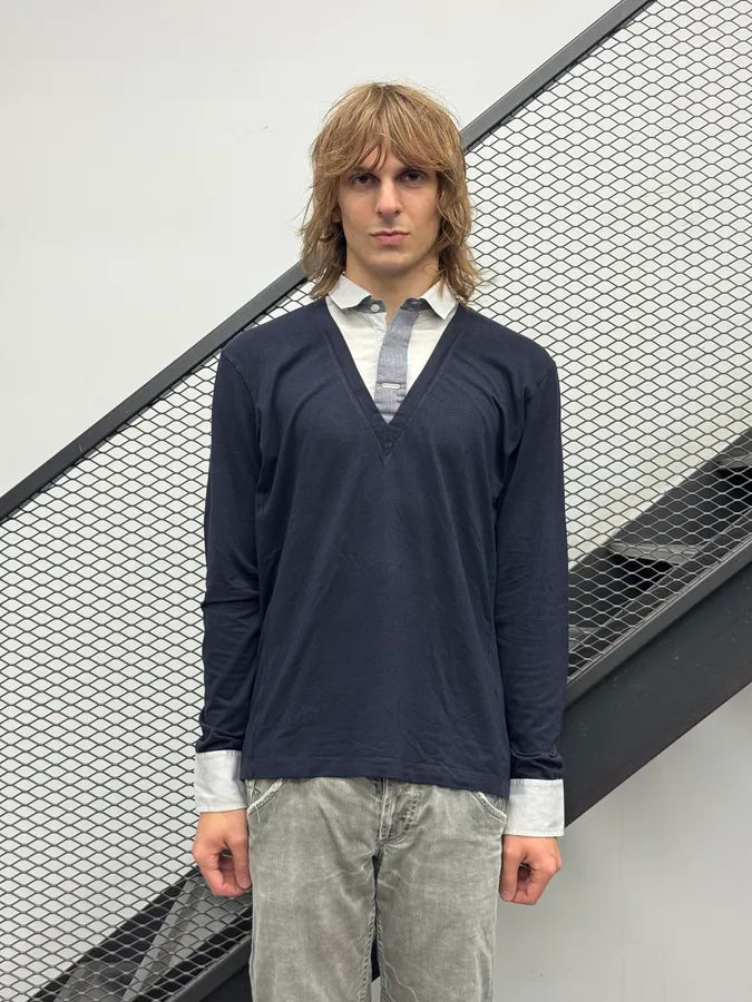 2010s Dirk Bikkembergs Navy Contrast Tie Collar Sweater PjtzWQc 1
