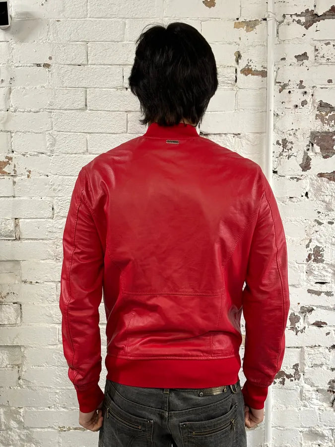 2010s Dirk Bikkembergs Red Leather Bomber Jacket CNTSHik 2