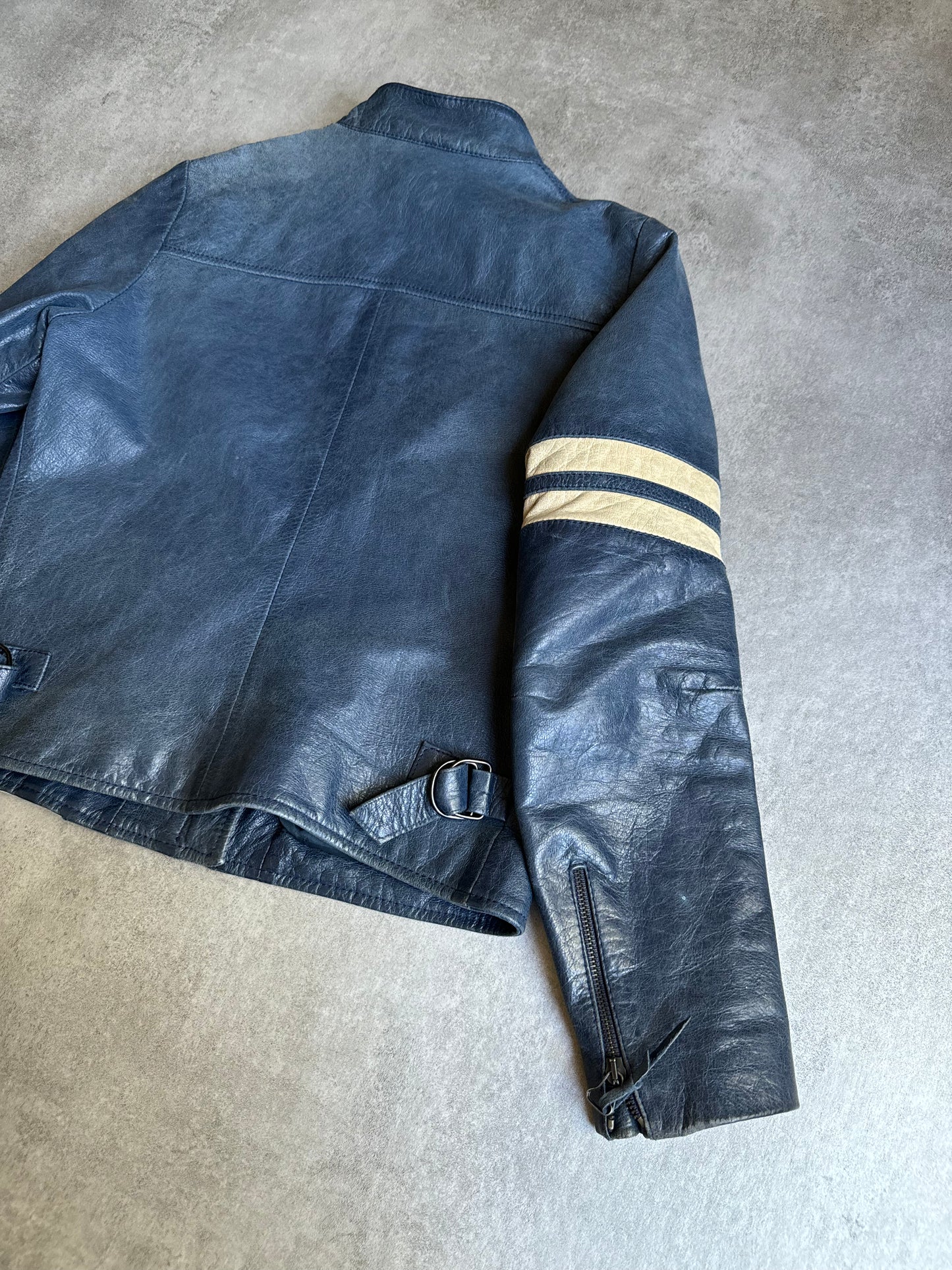 2000s Dolce & Gabbana Stripes Navy Leather Biker Racer Jacket (XS) - 4