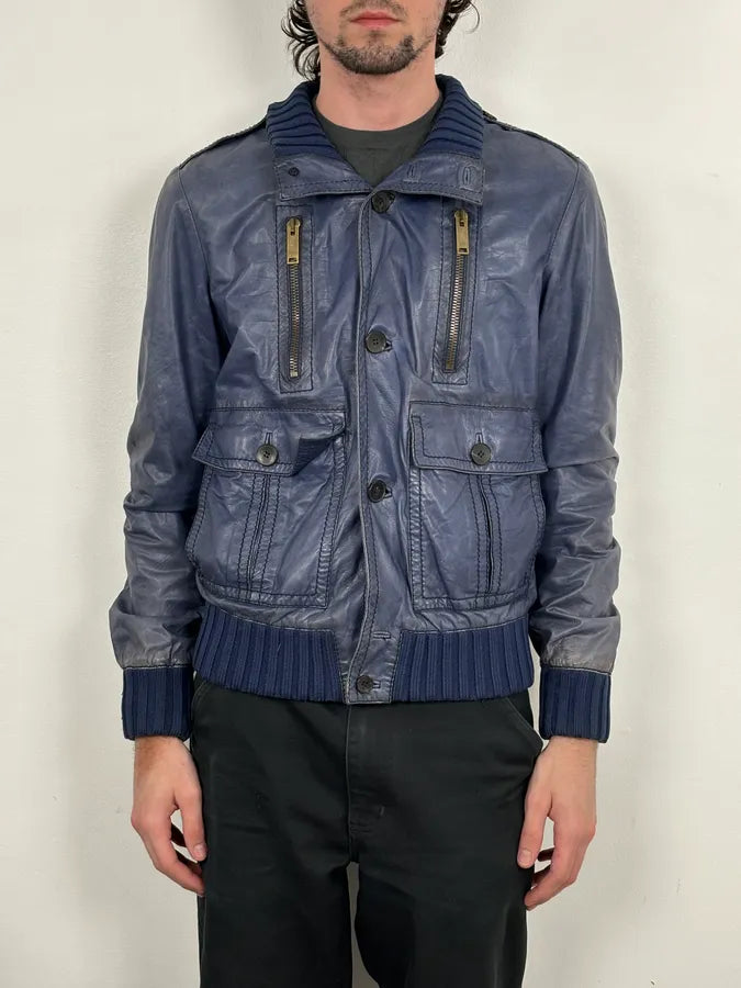 AW2009 Gucci Blue Faded Madonna Buttoned Leather Jacket fGUVoyK 1