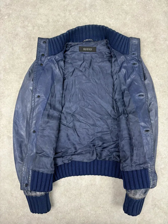 AW2009 Gucci Blue Faded Madonna Buttoned Leather Jacket fGUVoyK 6