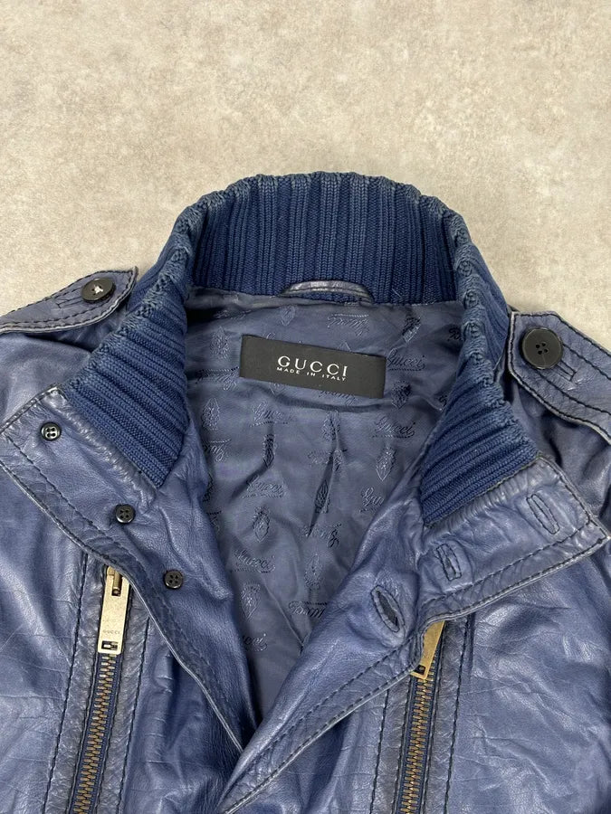 AW2009 Gucci Blue Faded Madonna Buttoned Leather Jacket fGUVoyK 7