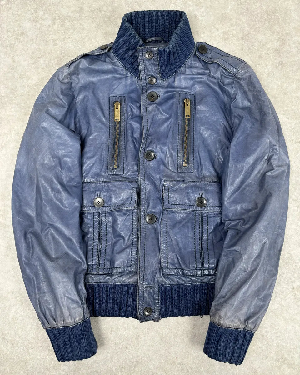 AW2009 Gucci Blue Faded Madonna Buttoned Leather Jacket fGUVoyK 0