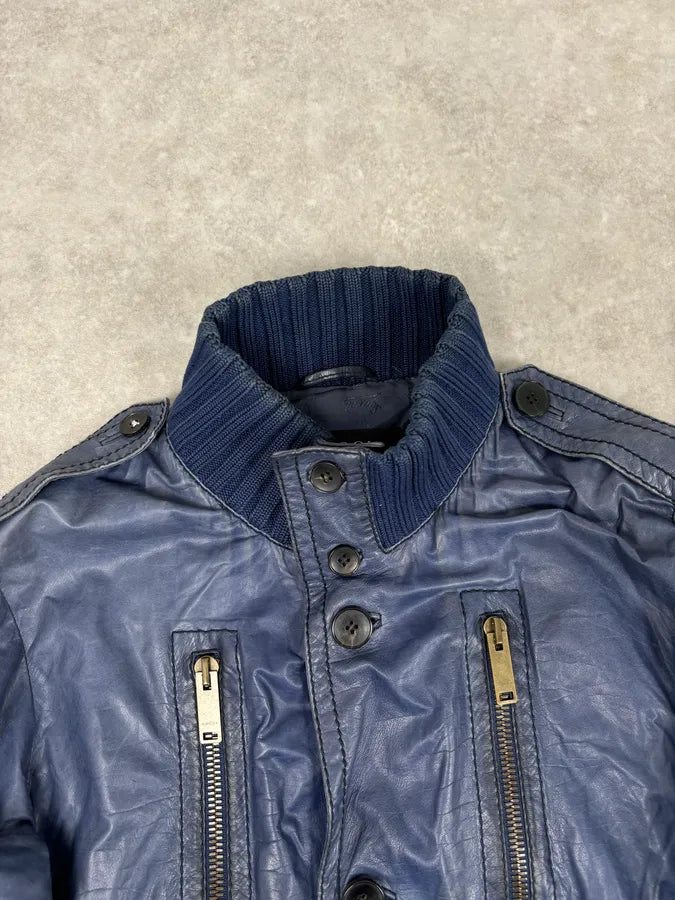 AW2009 Gucci Blue Faded Madonna Buttoned Leather Jacket fGUVoyK 3
