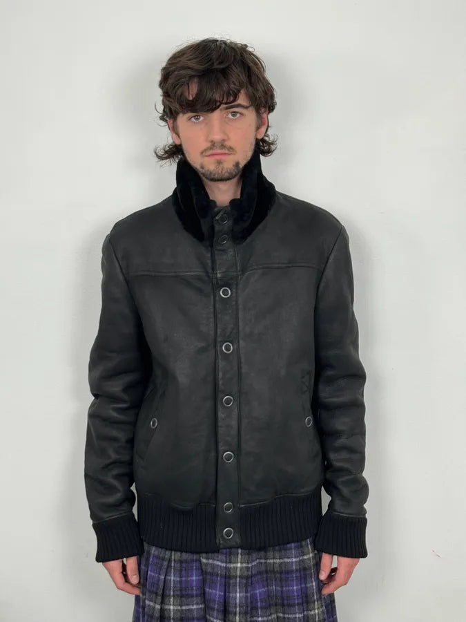 Bottega Veneta Black Leather Bomber Jacket Shearling QzHSFfs 1