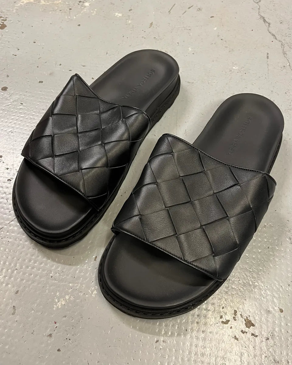 Bottega Veneta Black Leather Woven Tap Slides RJRfxDR 1
