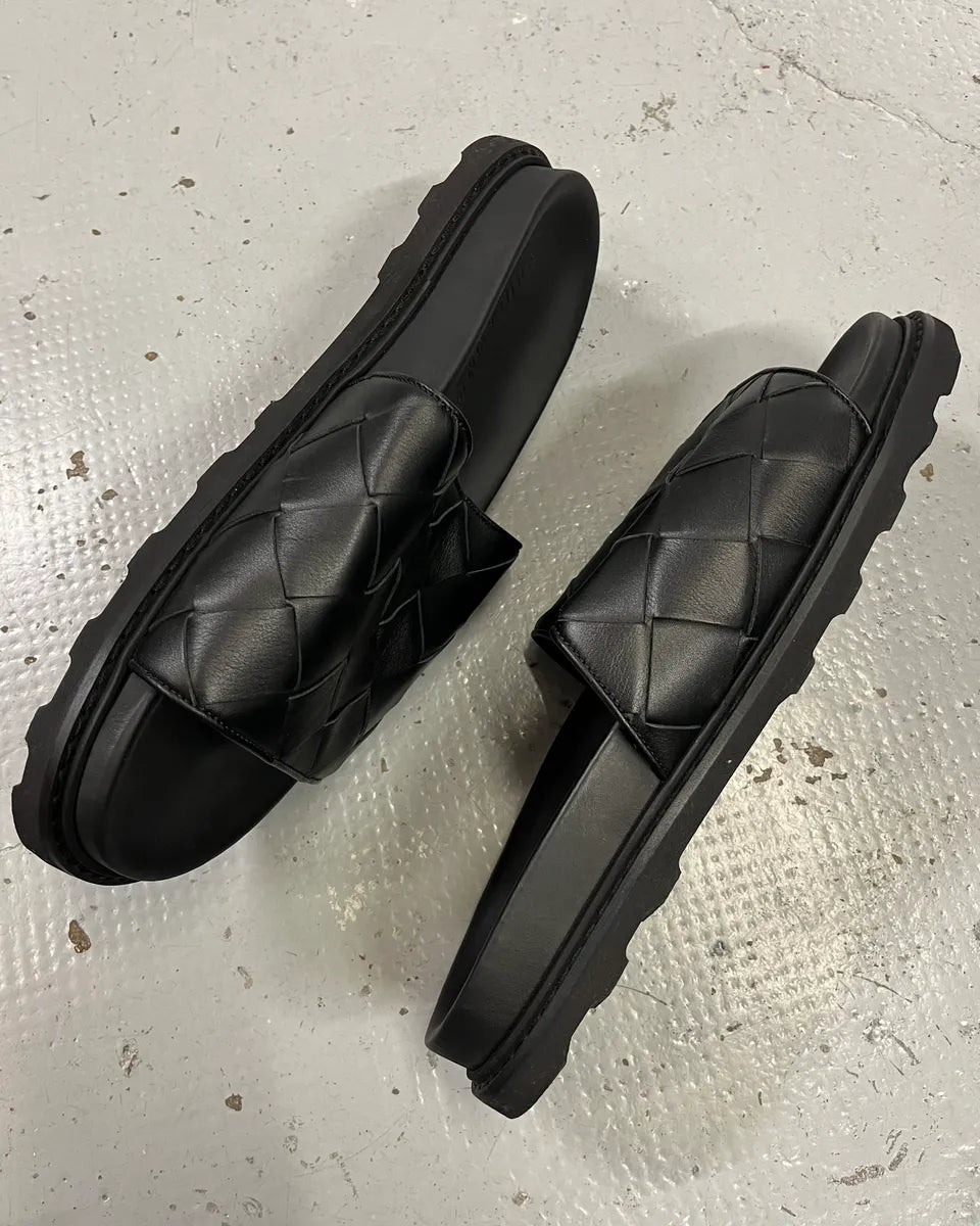 Bottega Veneta Black Leather Woven Tap Slides RJRfxDR 3