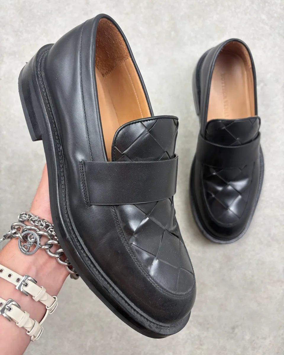 Bottega Veneta Black Woven Leather Loafers VJClksh 0