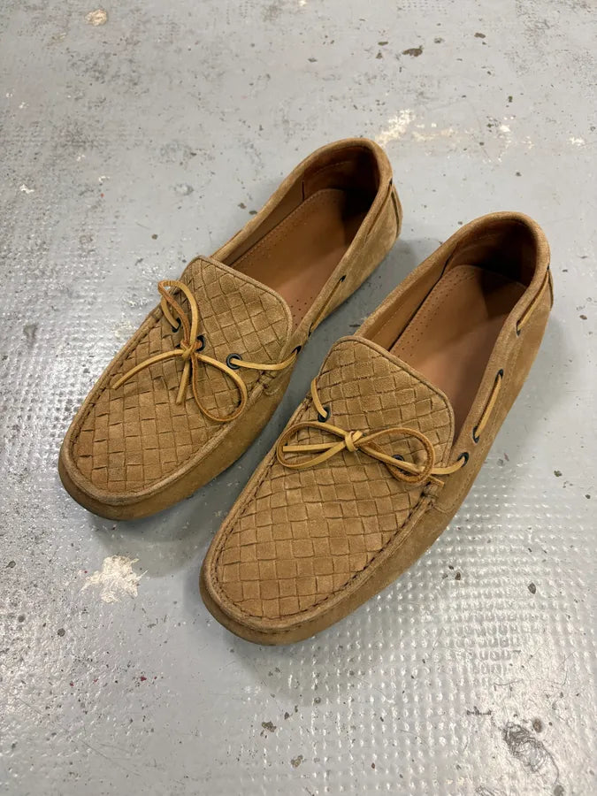 Bottega Veneta Camel Suede Intrecciato Woven Loafers Shoes ZccIRxH 1