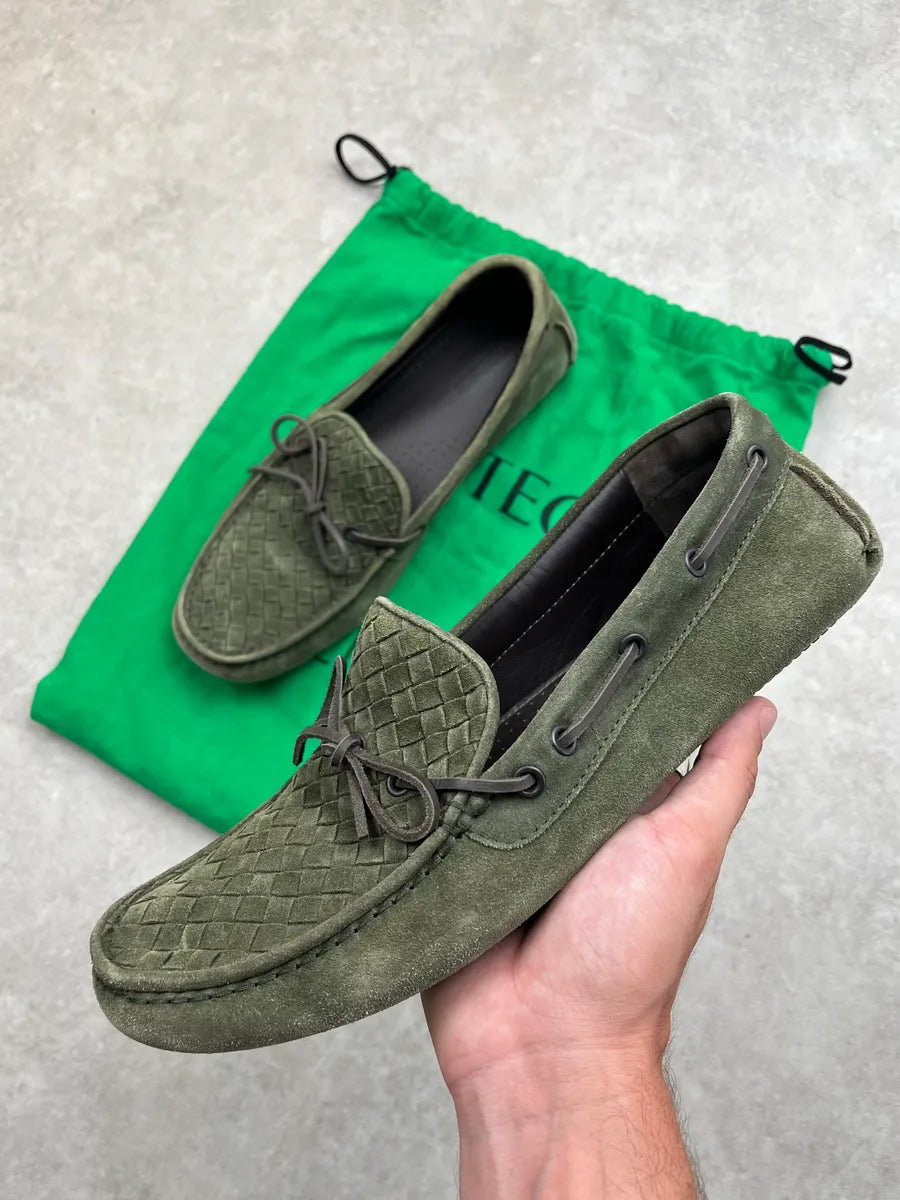 Bottega Veneta Intrecciati Woven Green Suede Loafer Shoes mWcitOk 0