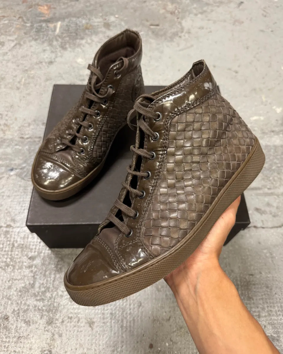 Bottega Veneta Intrecciato Woven Shiny Brown Leather High Sneakers TbmQLmG 0