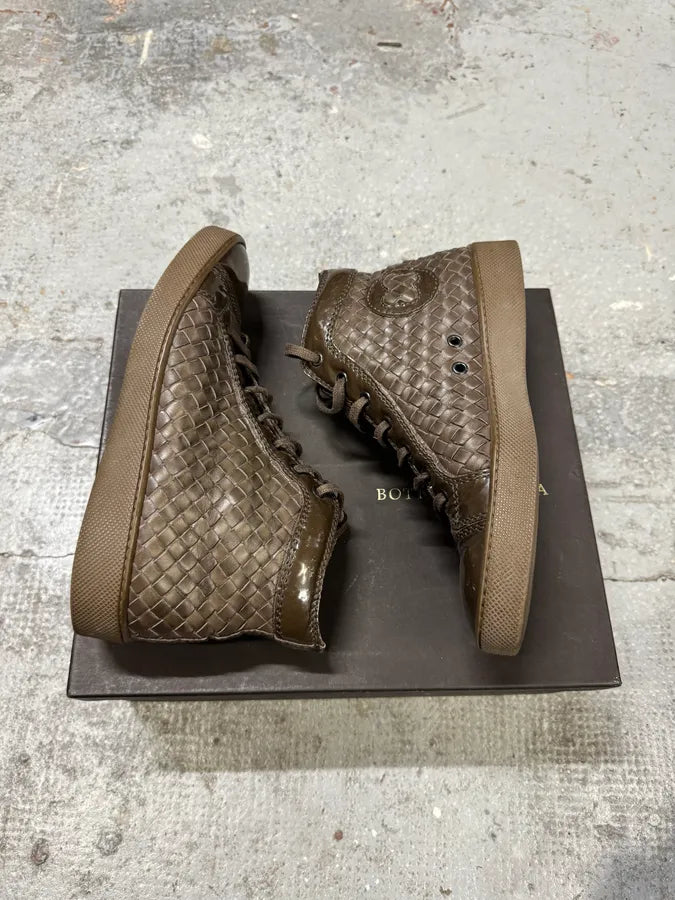 Bottega Veneta Intrecciato Woven Shiny Brown Leather High Sneakers TbmQLmG 1
