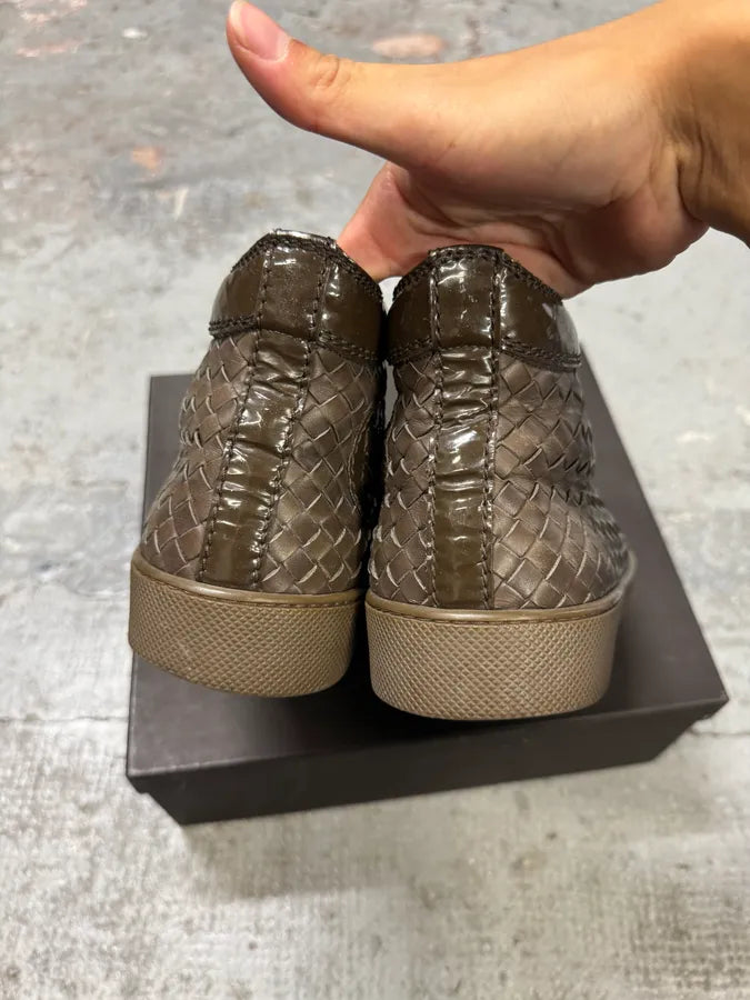 Bottega Veneta Intrecciato Woven Shiny Brown Leather High Sneakers TbmQLmG 3