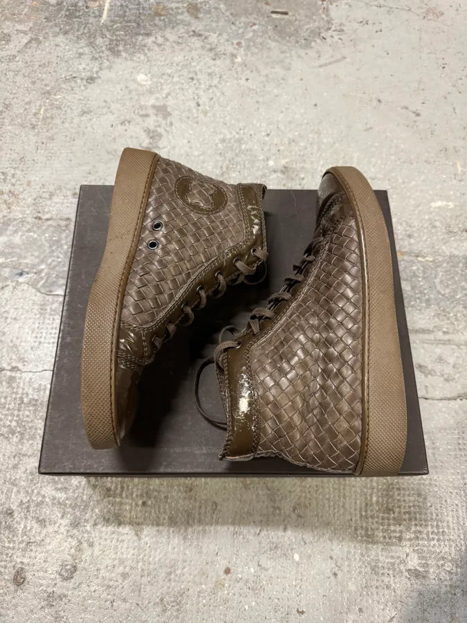 Bottega Veneta Intrecciato Woven Shiny Brown Leather High Sneakers TbmQLmG 4