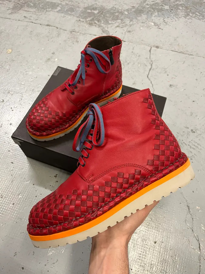 Bottega Veneta Red Intrecciato Woven Leather Lace-Up Boots TUrURpH 0