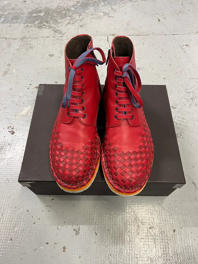 Bottega Veneta Red Intrecciato Woven Leather Lace-Up Boots TUrURpH 3
