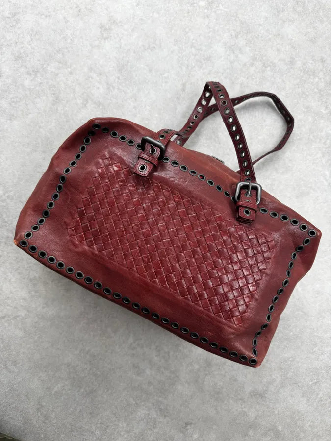 AW2006 Bottega Veneta Red Punching Studs Intrecciato Handle Bag OkNIYFE 4
