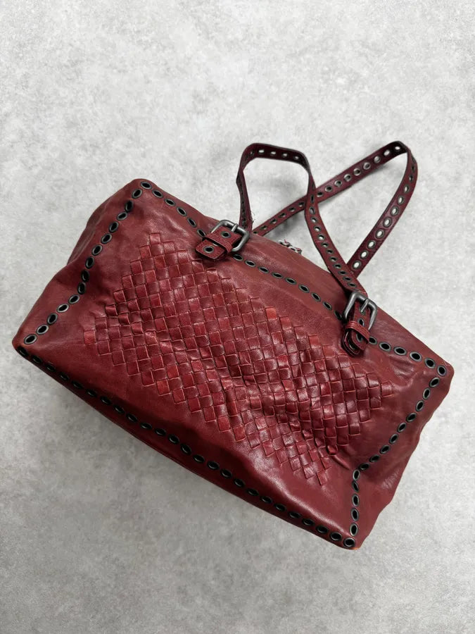 AW2006 Bottega Veneta Red Punching Studs Intrecciato Handle Bag OkNIYFE 5