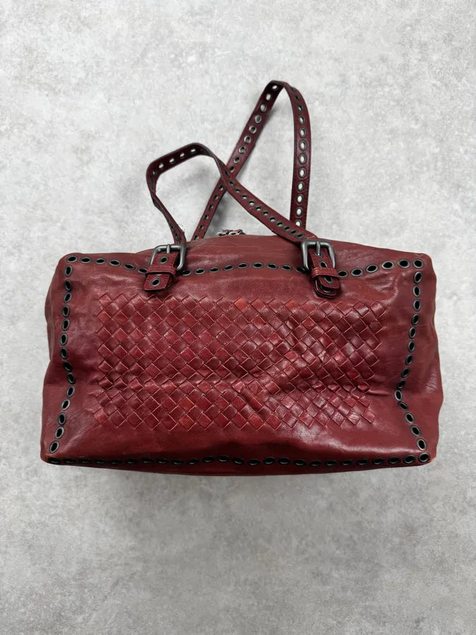 AW2006 Bottega Veneta Red Punching Studs Intrecciato Handle Bag OkNIYFE 3