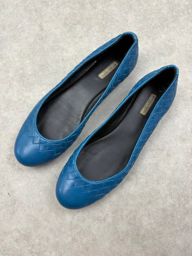 Bottega Veneta Blue Leather Intrecciato Ballet Flats mJVgyir 2