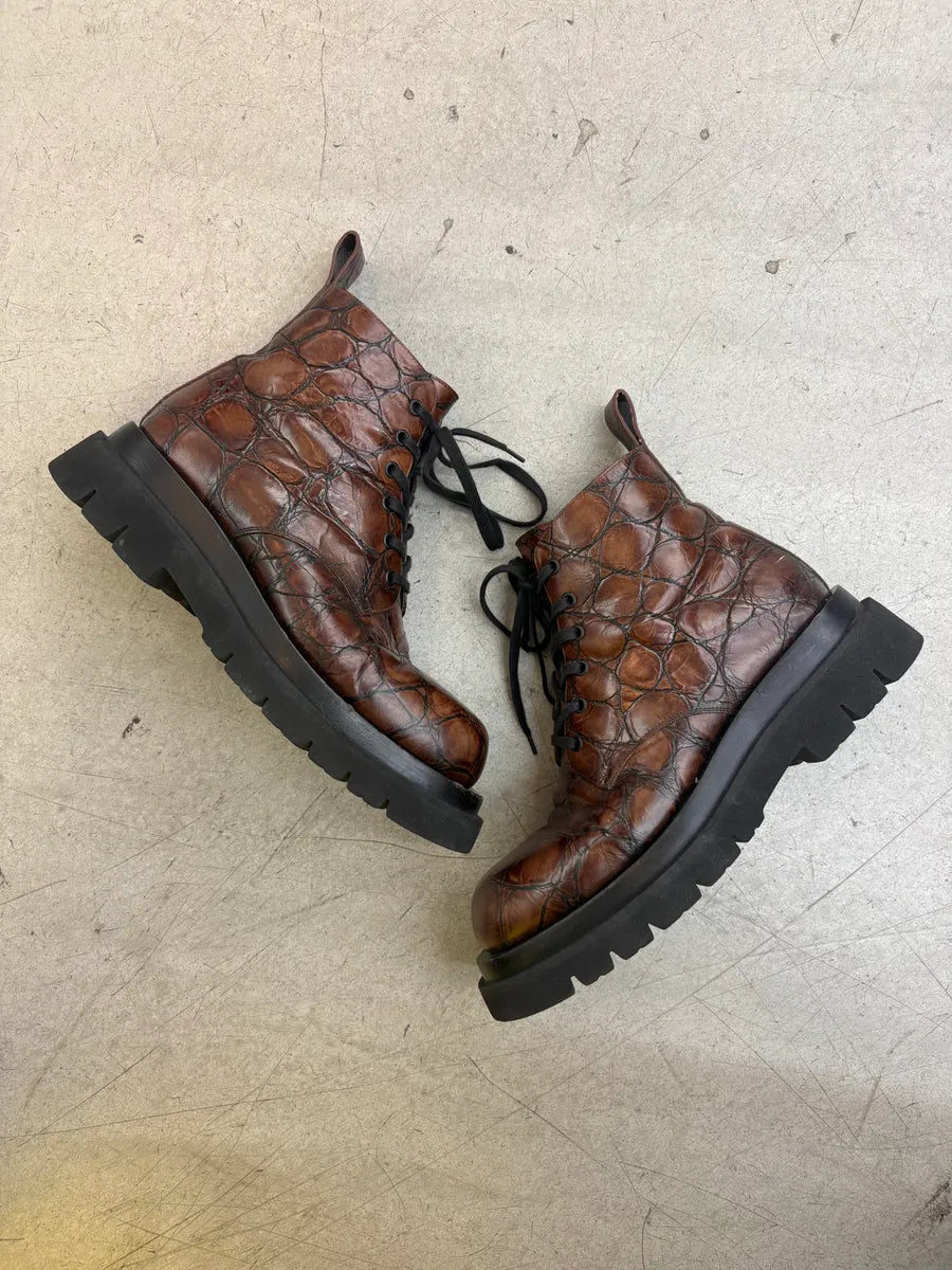 Bottega Venetta Brown Crocodile Effect Leather Boots AoCUNGn 4