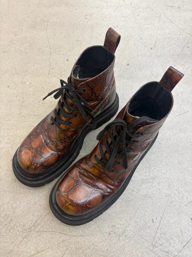 Bottega Venetta Brown Crocodile Effect Leather Boots AoCUNGn 2