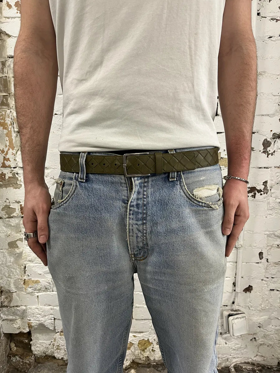Bottega Venetta Woven Leather Khaki Belt AZltYnt 3