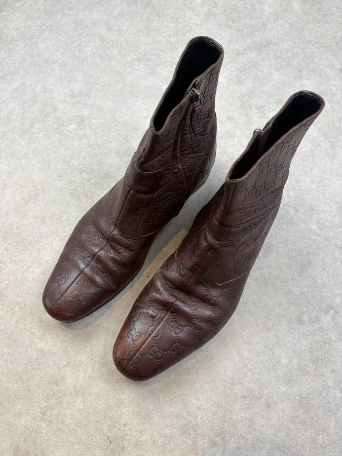 2000s Gucci Brown Monogram Eroded Leather Boots hFCESpG 2