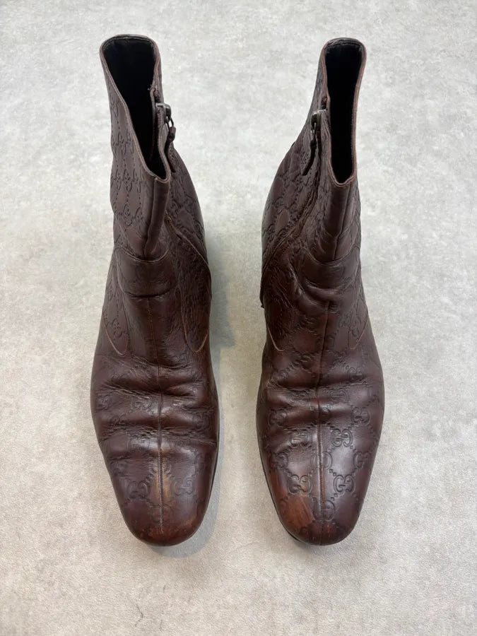 2000s Gucci Brown Monogram Eroded Leather Boots hFCESpG 1