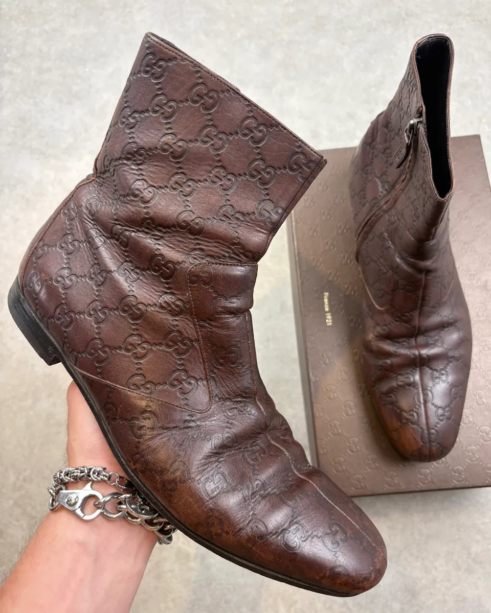 2000s Gucci Brown Monogram Eroded Leather Boots hFCESpG 0