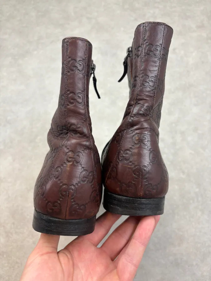 2000s Gucci Brown Monogram Eroded Leather Boots hFCESpG 6