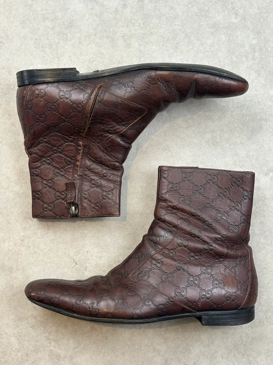 2000s Gucci Brown Monogram Eroded Leather Boots hFCESpG 3