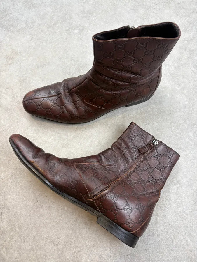 2000s Gucci Brown Monogram Eroded Leather Boots hFCESpG 5