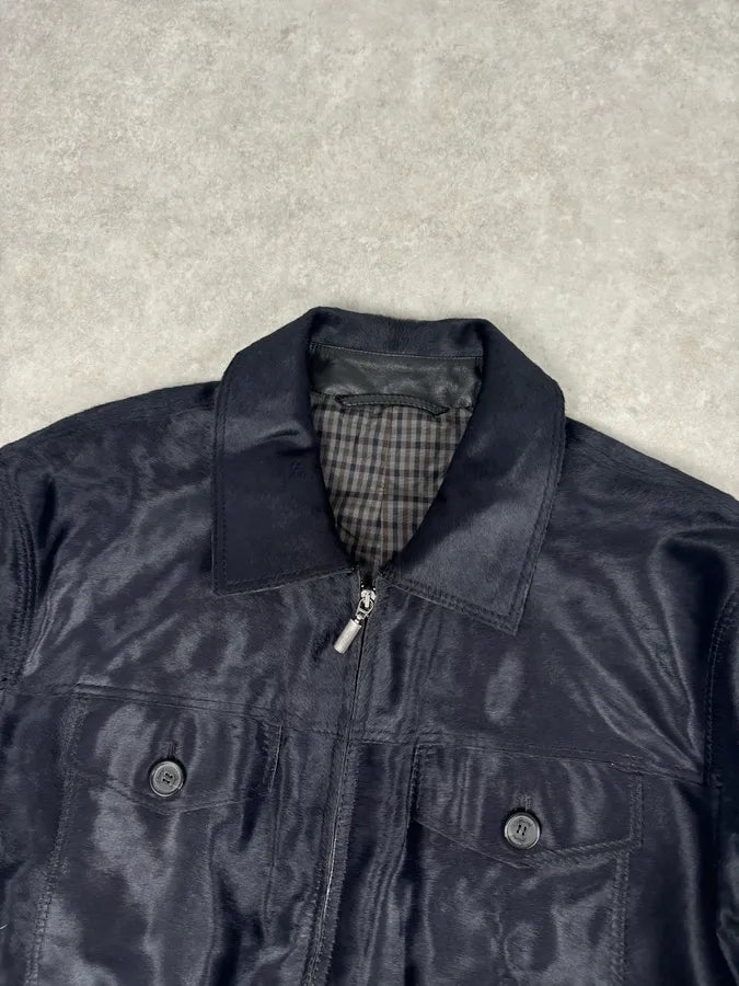 Brioni Dark Black Pony Hair Leather Jacket zODlKgw 3