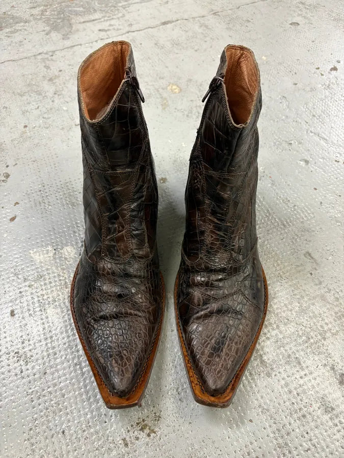 Vintage Brown Crocodile Embossed Leather Cowboy Boots jykNMMM 1