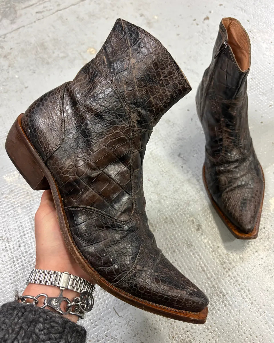 Vintage Brown Crocodile Embossed Leather Cowboy Boots jykNMMM 0