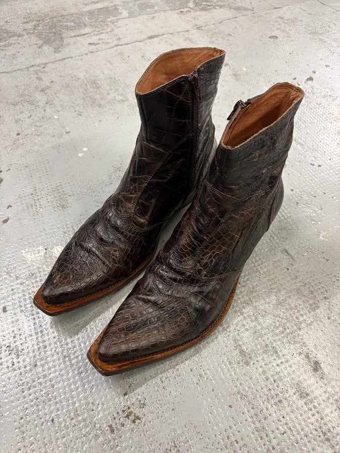 Vintage Brown Crocodile Embossed Leather Cowboy Boots jykNMMM 2