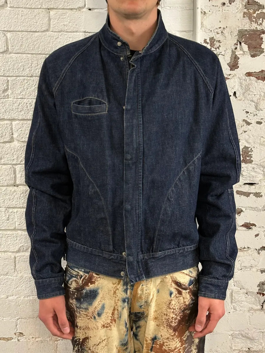 Burberry Dark Contrast Stitch Navy Denim Bomber Jacket vdGNune 1