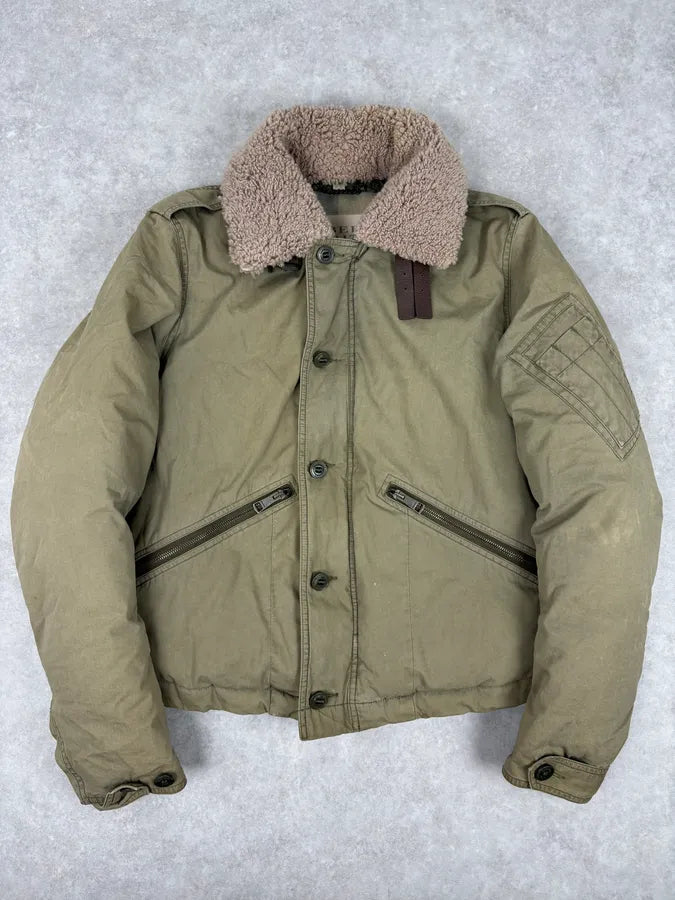 Burberry Khaki Olive Cargo Shearling Collar Bomber Jacket LIAJOEc 4