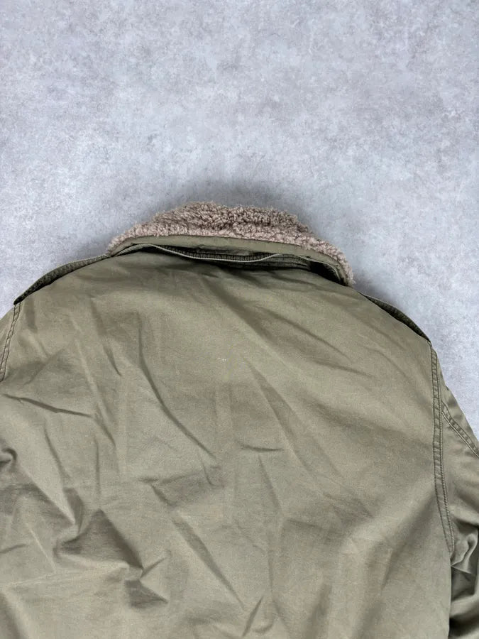 Burberry Khaki Olive Cargo Shearling Collar Bomber Jacket LIAJOEc 7